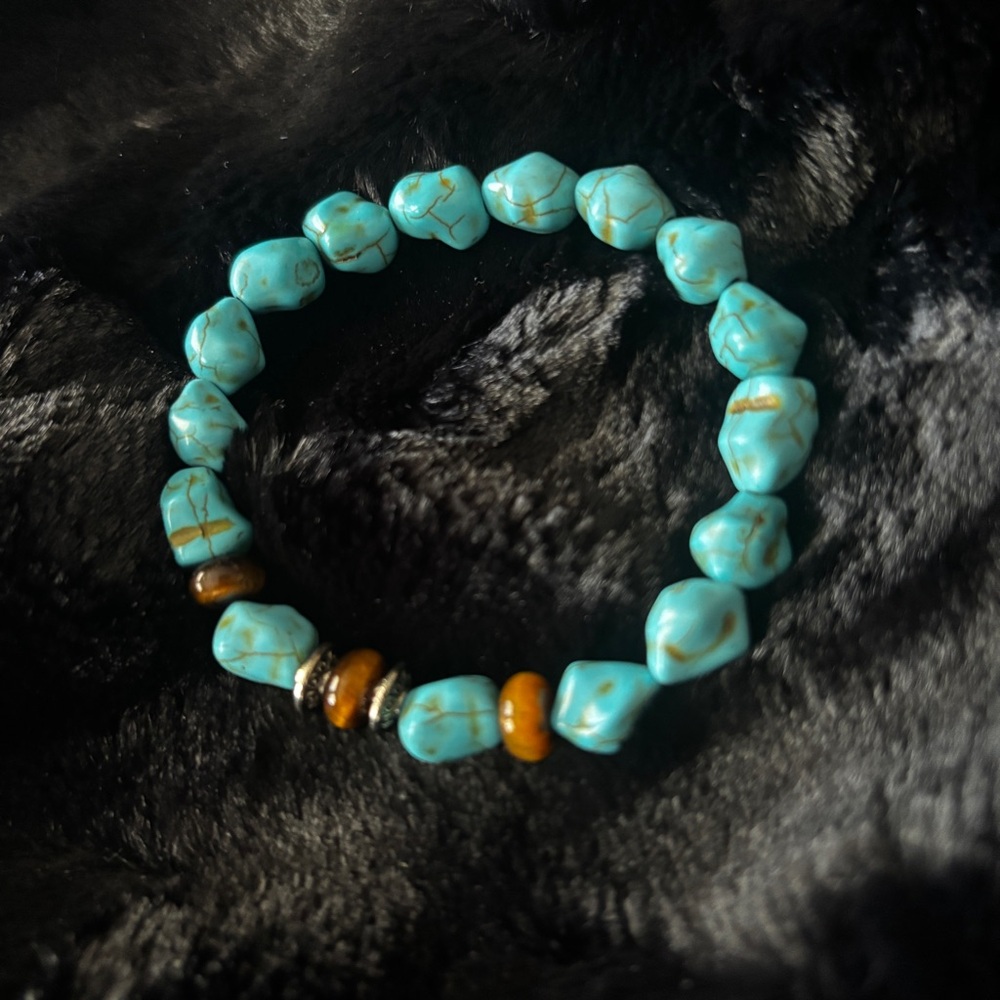 Turquoise Nugget Stretch Bracelet with Tiger Eye and Silver Accent Beads